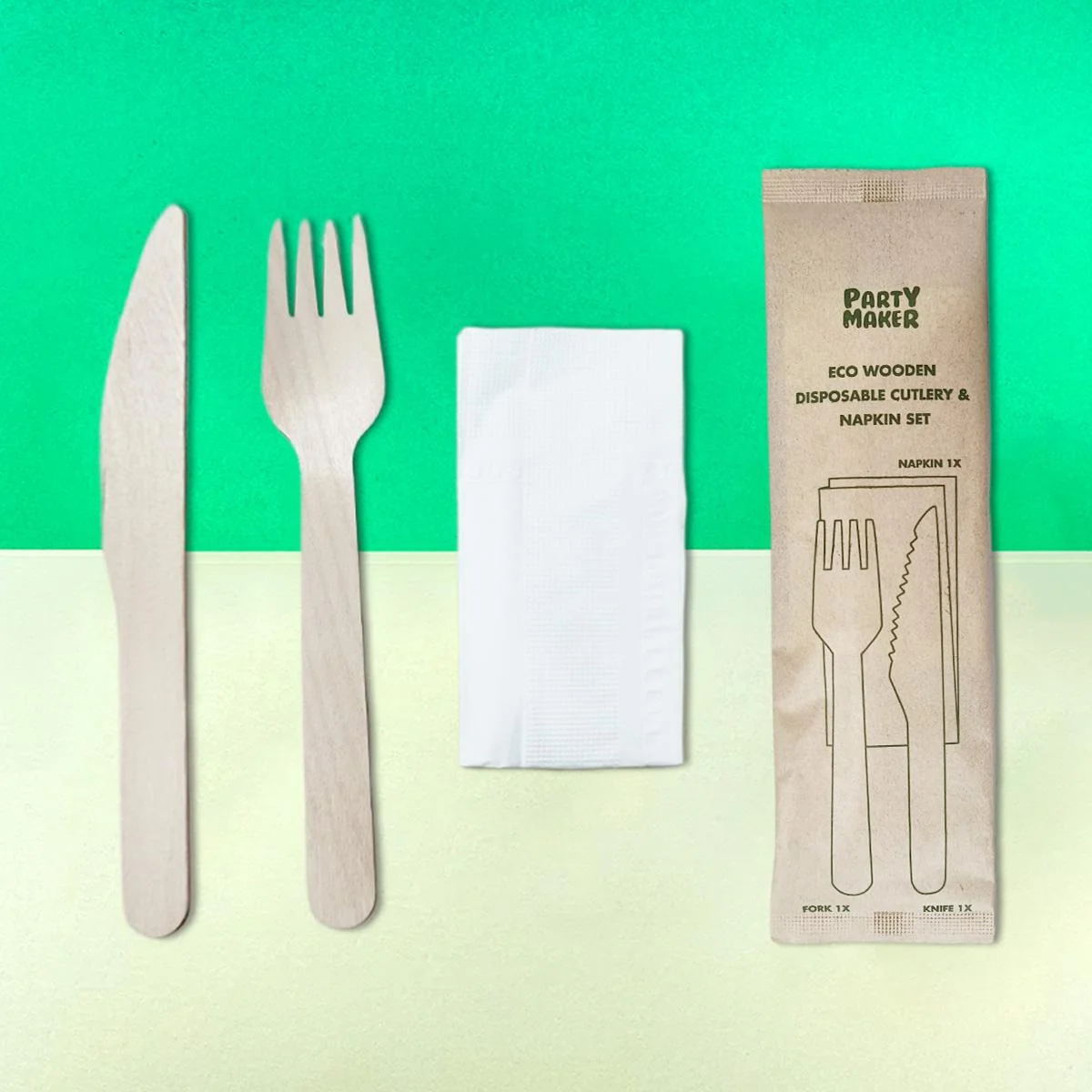 ECO WOODEN DISPOSABLE CUTLERY AND NAPKIN SET 1pcs photo 5