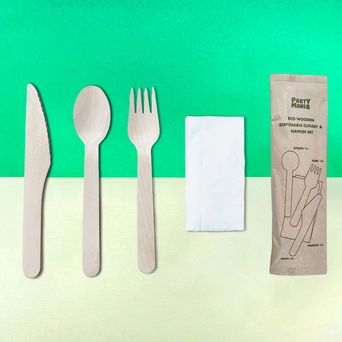 ECO WOODEN CUTLERY AND NAPKIN SET 1pcs photo 2
