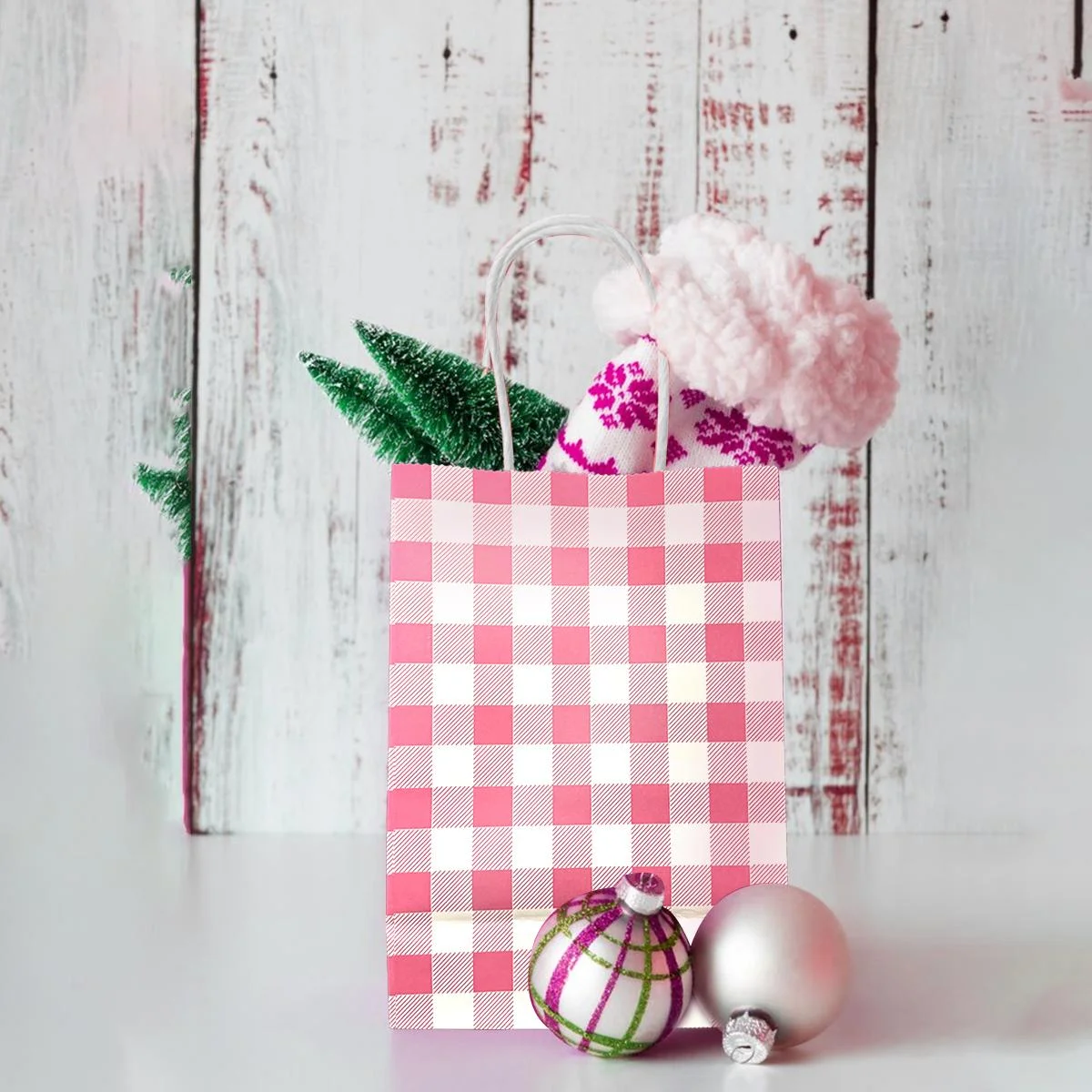 Pink Gingham Paper Bag 10pcs photo 4
